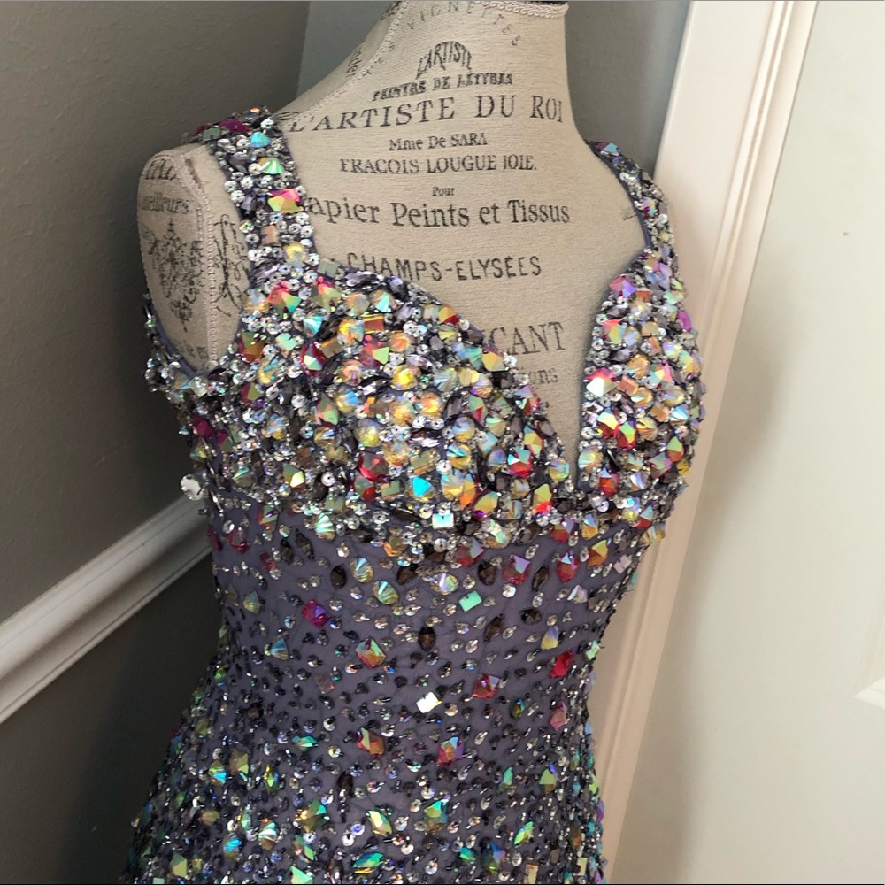 NEW JASZ COUTURE SZ 2 PERIWINKLE JEWELED NETTED ILLUSION FORMAL EVENING GOWN - Picture 5 of 14